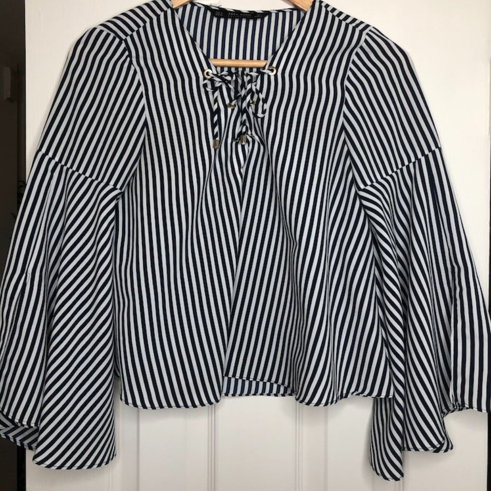Blue & White Striped Blouse with Flared Sleeves